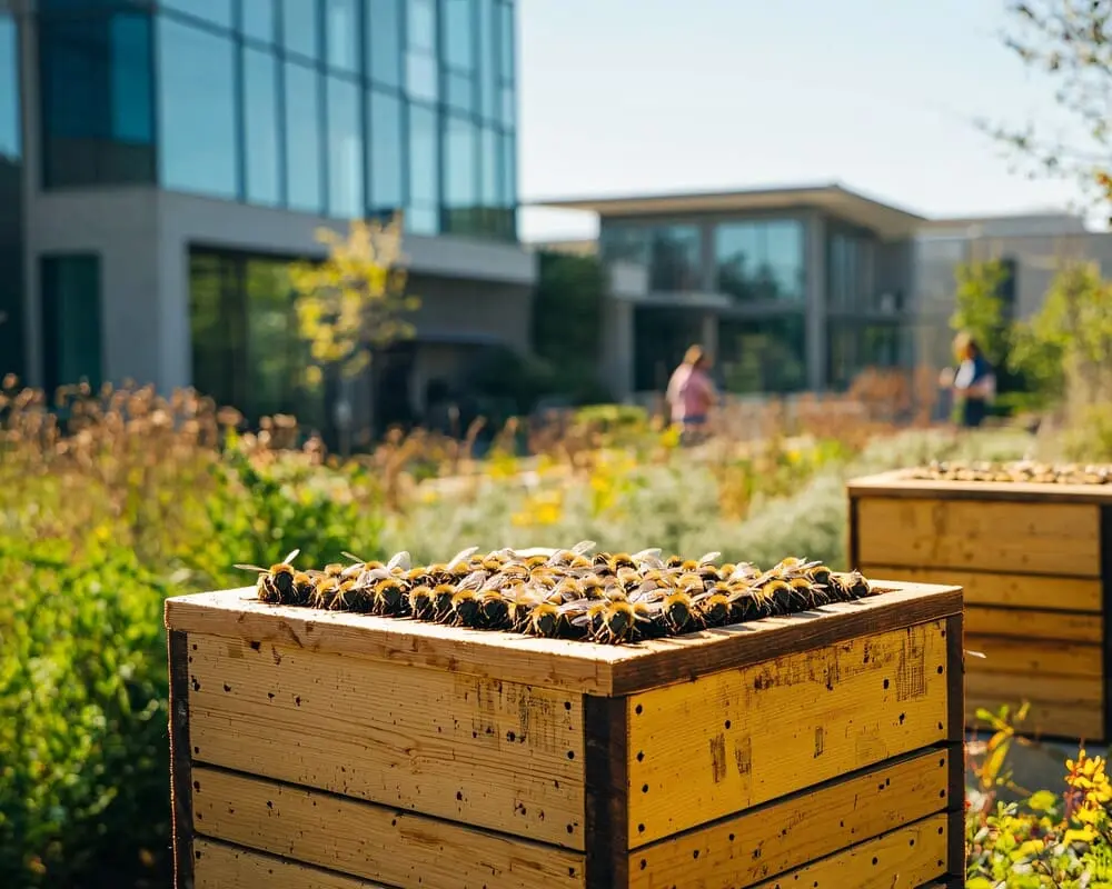 Exemples de ruches implantées en milieu entreprise avec des employés qui s'en occupent après formation
